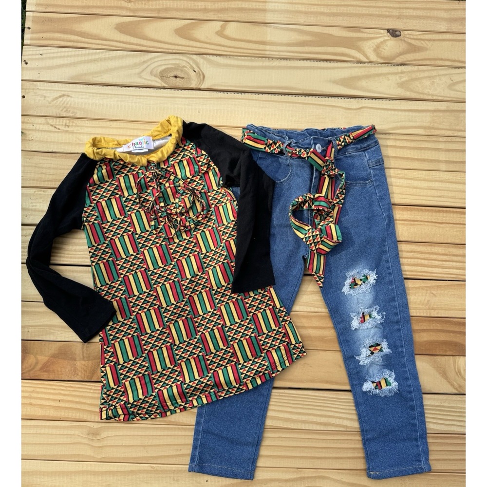 Girls Size 7/8 Years African Print Set Jeans And Top  African Colors Cute Outfit